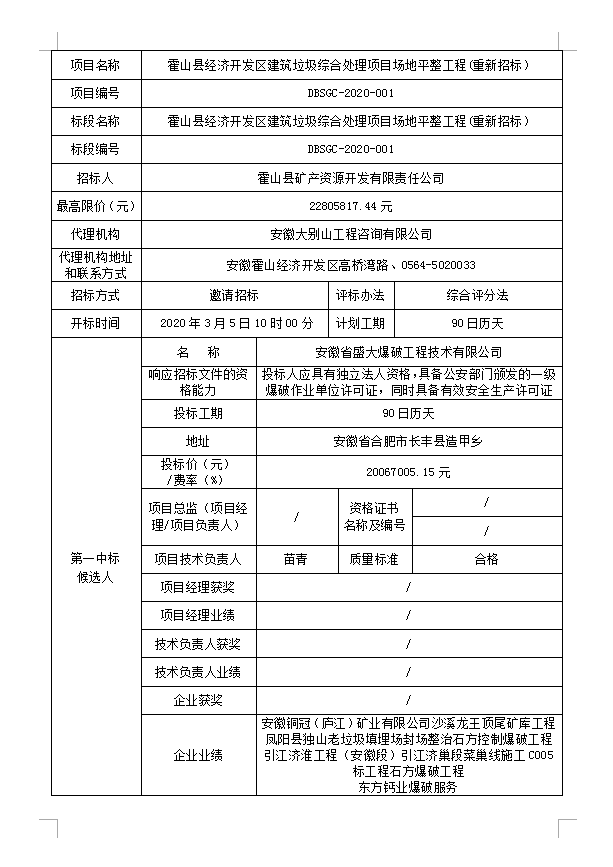 DBSGC-2020-001霍山縣經(jīng)濟(jì)開發(fā)區(qū)建筑垃圾綜合處理項(xiàng)目場(chǎng)地平整工程(重新招標(biāo)）中標(biāo)候選人公示